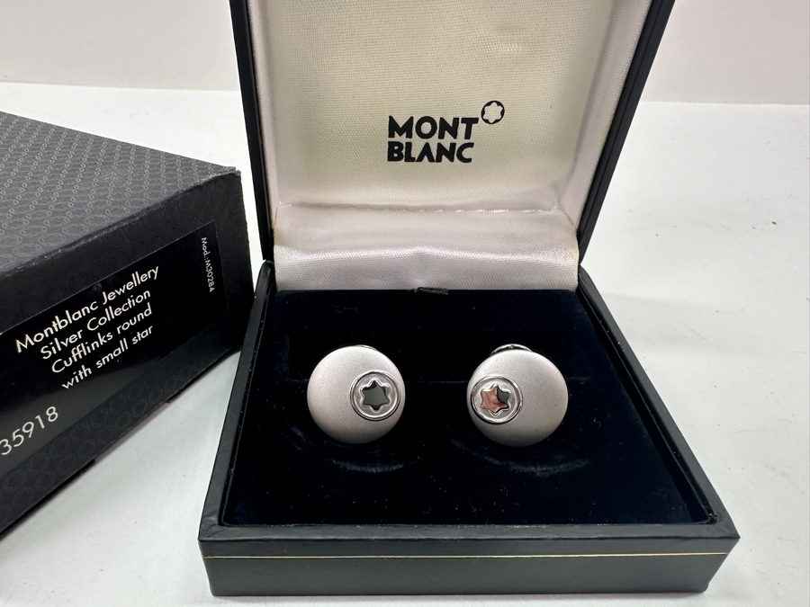 Vintage Montblanc Sterling Silver Cufflinks Round With Small Star In Original Box 35918 [Photo 5]