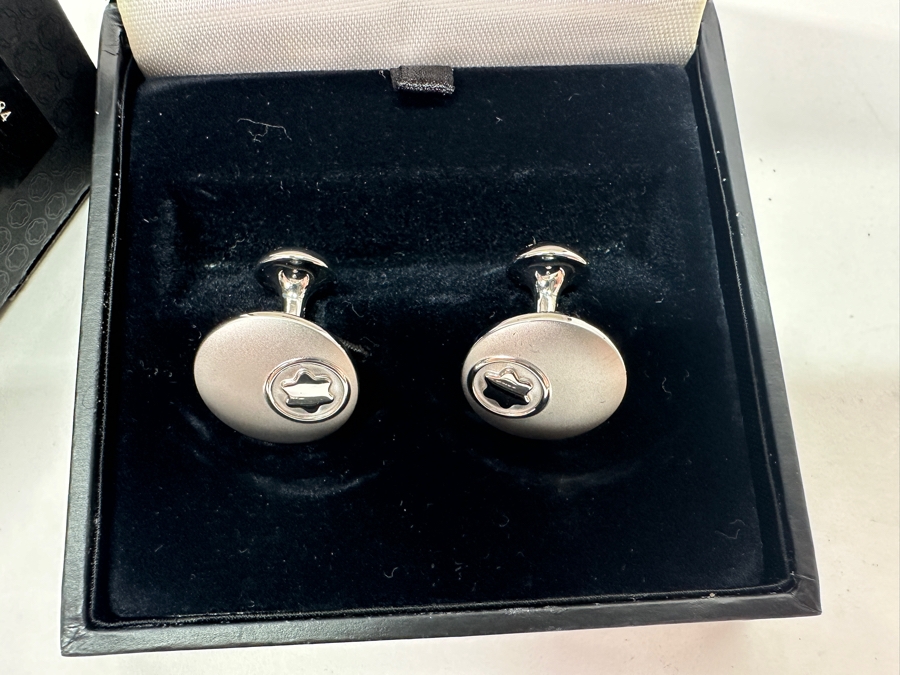 Vintage Montblanc Sterling Silver Cufflinks Round With Small Star In Original Box 35918 [Photo 6]