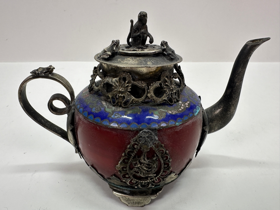 Vintage Chinese Tibet Silver Overlay Stone Dragon Teapot With Monkey And Frog Finial And Cloisonne Detailing Signed Underneath 5W X 4H [Photo 9]