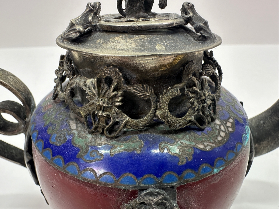 Vintage Chinese Tibet Silver Overlay Stone Dragon Teapot With Monkey And Frog Finial And Cloisonne Detailing Signed Underneath 5W X 4H [Photo 5]
