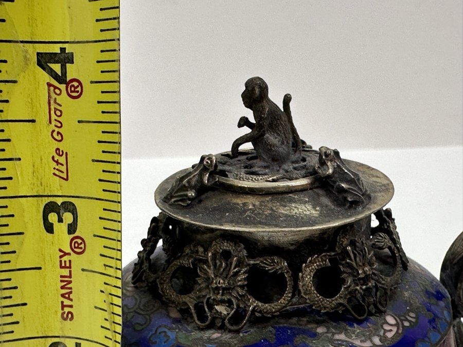 Vintage Chinese Tibet Silver Overlay Stone Dragon Teapot With Monkey And Frog Finial And Cloisonne Detailing Signed Underneath 5W X 4H [Photo 19]