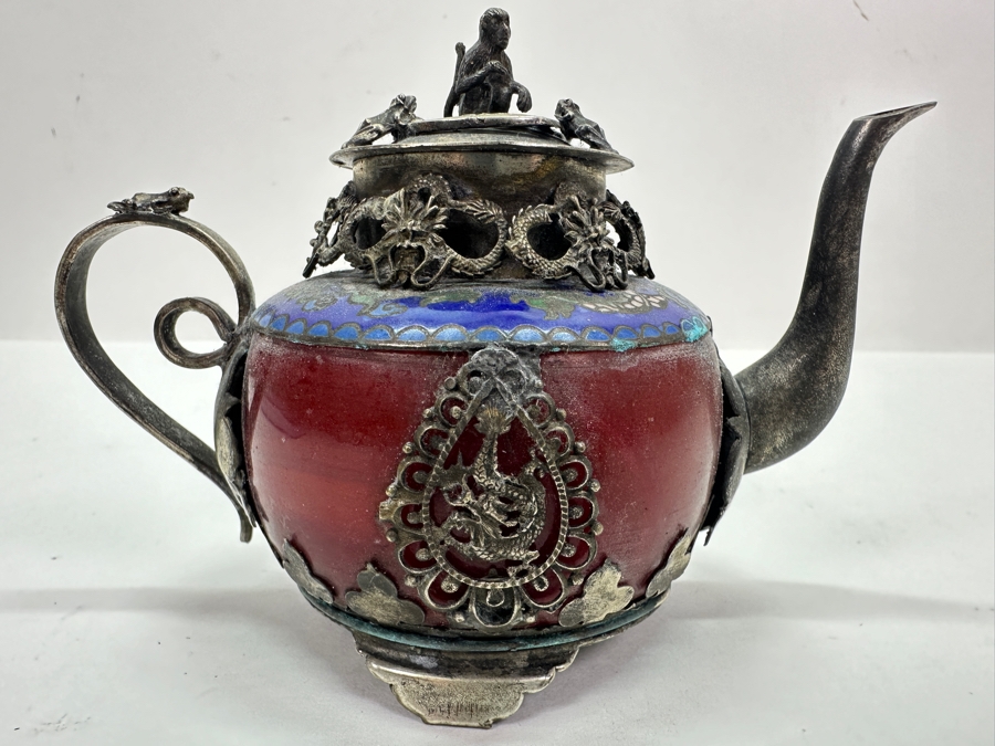 Vintage Chinese Tibet Silver Overlay Stone Dragon Teapot With Monkey And Frog Finial And Cloisonne Detailing Signed Underneath 5W X 4H [Photo 3]