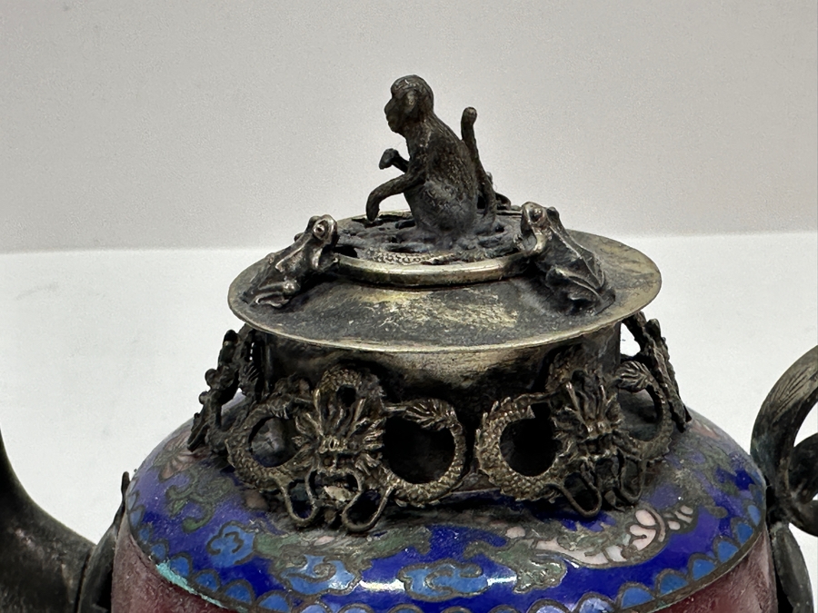 Vintage Chinese Tibet Silver Overlay Stone Dragon Teapot With Monkey And Frog Finial And Cloisonne Detailing Signed Underneath 5W X 4H [Photo 20]
