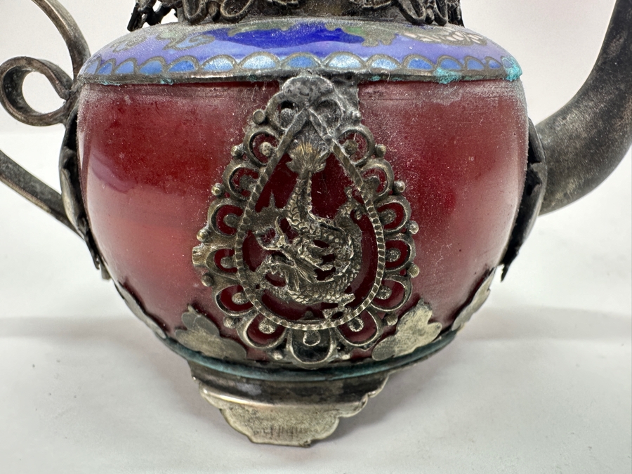 Vintage Chinese Tibet Silver Overlay Stone Dragon Teapot With Monkey And Frog Finial And Cloisonne Detailing Signed Underneath 5W X 4H [Photo 4]