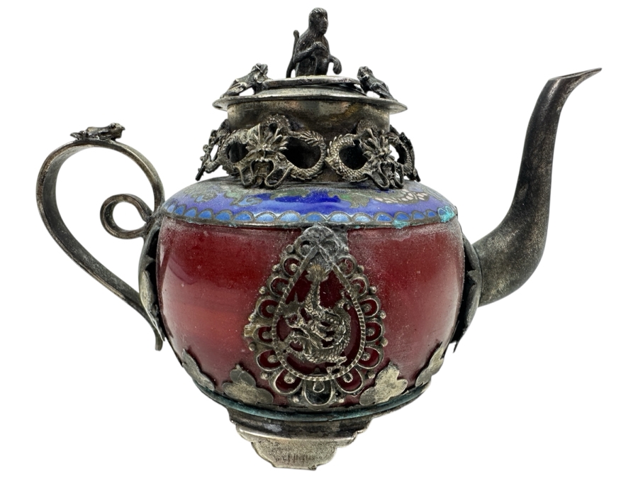 Vintage Chinese Tibet Silver Overlay Stone Dragon Teapot With Monkey And Frog Finial And Cloisonne Detailing Signed Underneath 5W X 4H [Photo 1]