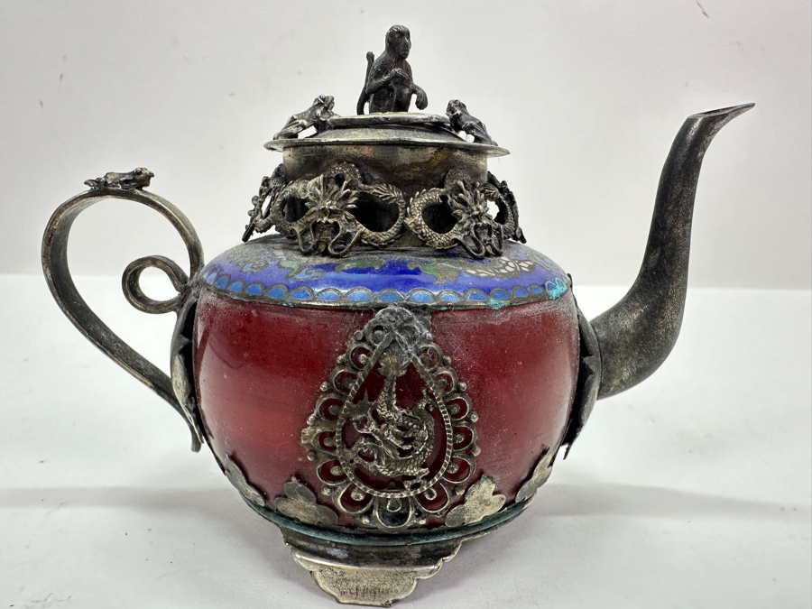 Vintage Chinese Tibet Silver Overlay Stone Dragon Teapot With Monkey And Frog Finial And Cloisonne Detailing Signed Underneath 5W X 4H [Photo 2]