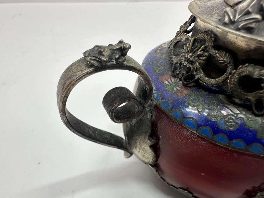 Vintage Chinese Tibet Silver Overlay Stone Dragon Teapot With Monkey And Frog Finial And Cloisonne Detailing Signed Underneath 5W X 4H [Photo 11]