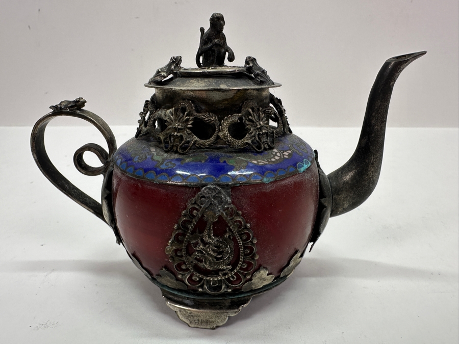 Vintage Chinese Tibet Silver Overlay Stone Dragon Teapot With Monkey And Frog Finial And Cloisonne Detailing Signed Underneath 5W X 4H [Photo 10]