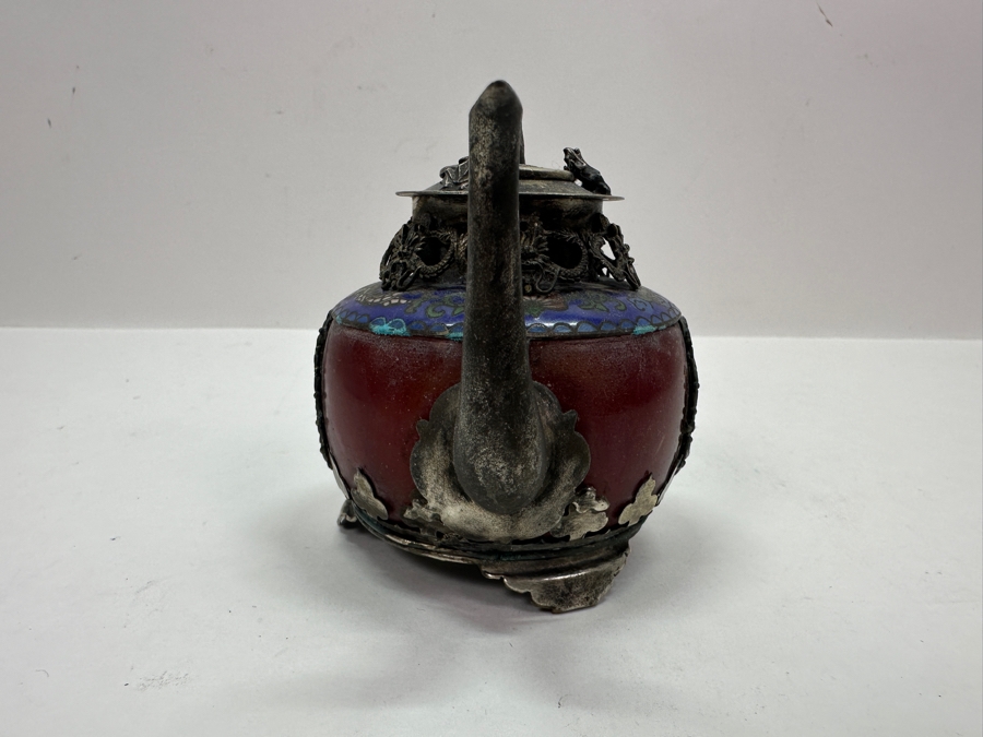 Vintage Chinese Tibet Silver Overlay Stone Dragon Teapot With Monkey And Frog Finial And Cloisonne Detailing Signed Underneath 5W X 4H [Photo 12]
