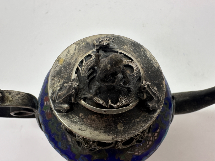 Vintage Chinese Tibet Silver Overlay Stone Dragon Teapot With Monkey And Frog Finial And Cloisonne Detailing Signed Underneath 5W X 4H [Photo 7]