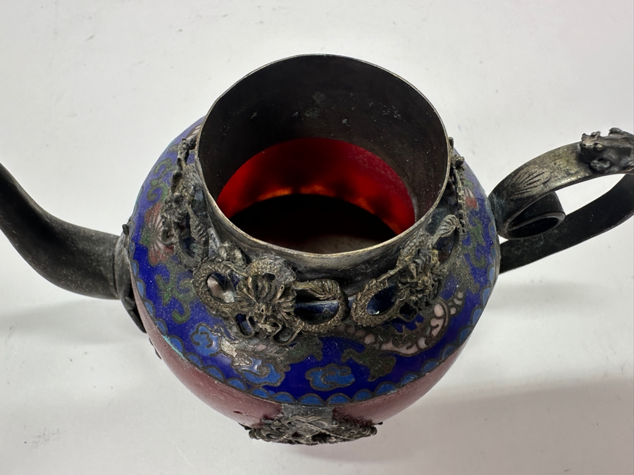 Vintage Chinese Tibet Silver Overlay Stone Dragon Teapot With Monkey And Frog Finial And Cloisonne Detailing Signed Underneath 5W X 4H [Photo 14]