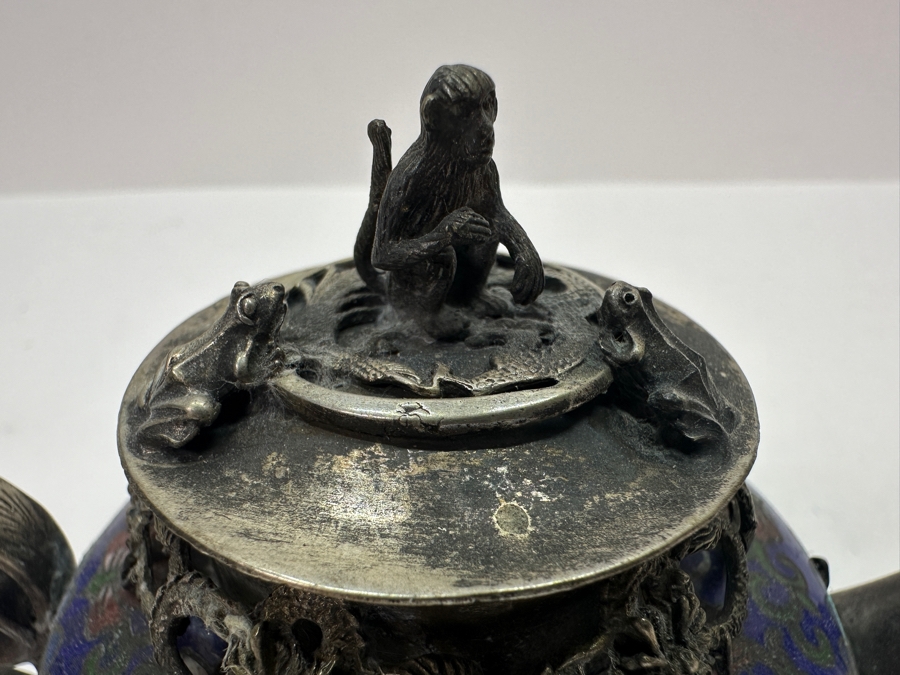 Vintage Chinese Tibet Silver Overlay Stone Dragon Teapot With Monkey And Frog Finial And Cloisonne Detailing Signed Underneath 5W X 4H [Photo 6]