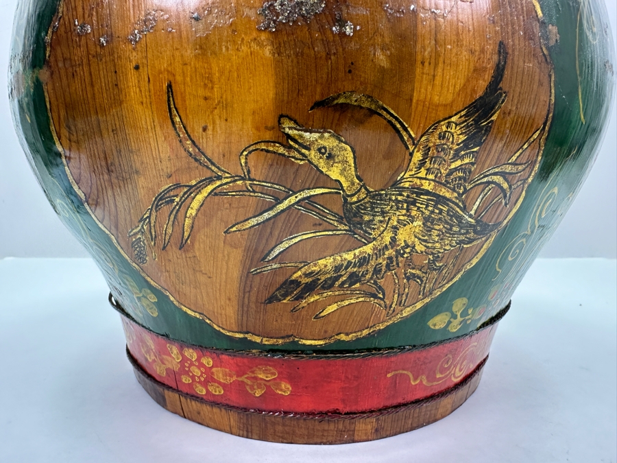 UPDATED - Antique Chinese Hand Painted Wooden Rice Barrel With Dragon Painted Top 11W X 8.5H [Photo 2]