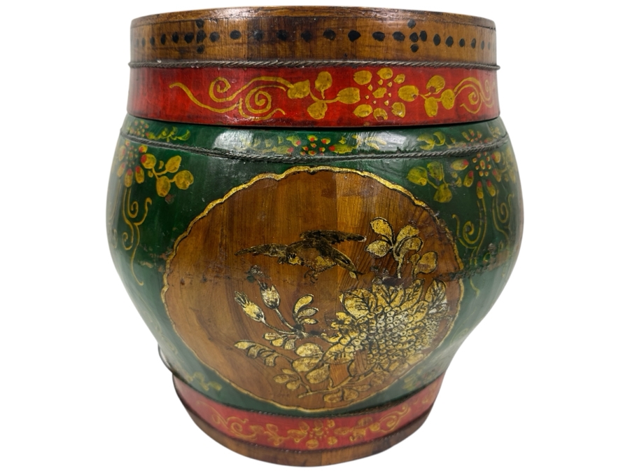 UPDATED - Antique Chinese Hand Painted Wooden Rice Barrel With Dragon Painted Top 11W X 8.5H [Photo 13]