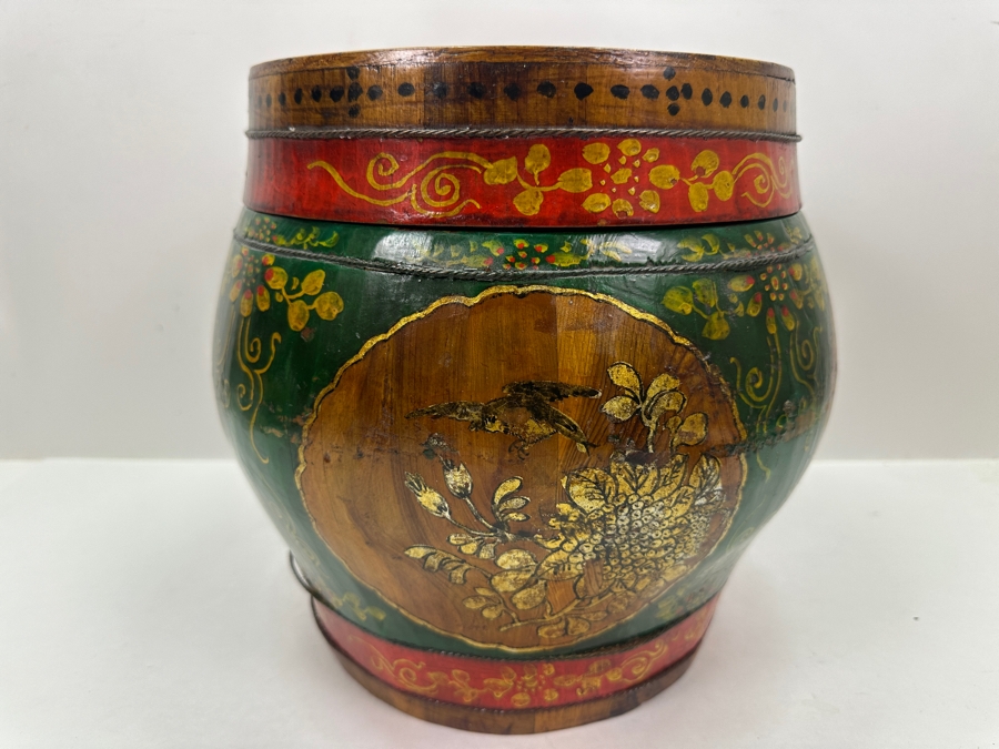 UPDATED - Antique Chinese Hand Painted Wooden Rice Barrel With Dragon Painted Top 11W X 8.5H [Photo 14]