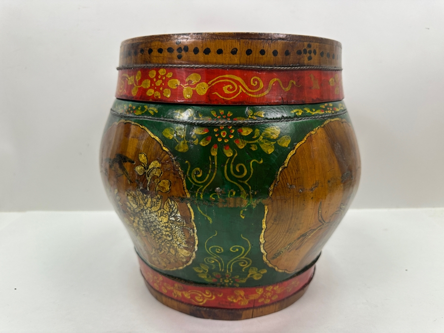UPDATED - Antique Chinese Hand Painted Wooden Rice Barrel With Dragon Painted Top 11W X 8.5H [Photo 20]
