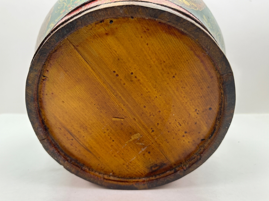 UPDATED - Antique Chinese Hand Painted Wooden Rice Barrel With Dragon Painted Top 11W X 8.5H [Photo 23]