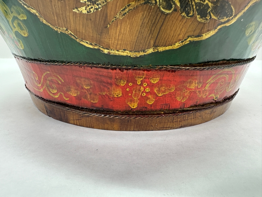 UPDATED - Antique Chinese Hand Painted Wooden Rice Barrel With Dragon Painted Top 11W X 8.5H [Photo 8]