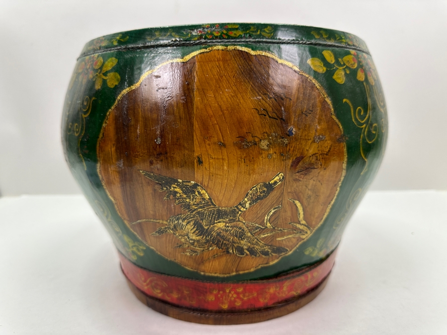 UPDATED - Antique Chinese Hand Painted Wooden Rice Barrel With Dragon Painted Top 11W X 8.5H [Photo 7]