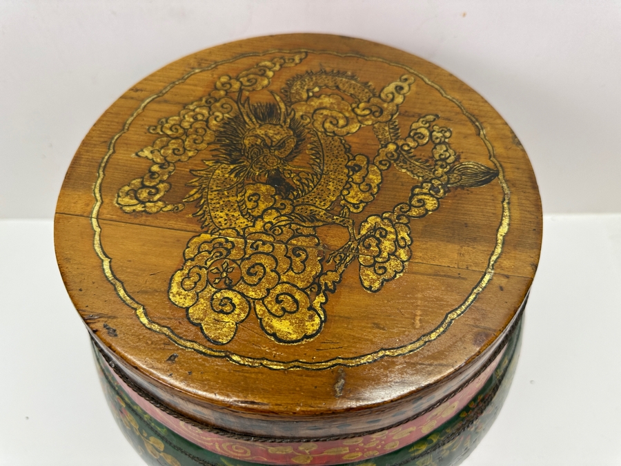 UPDATED - Antique Chinese Hand Painted Wooden Rice Barrel With Dragon Painted Top 11W X 8.5H [Photo 17]