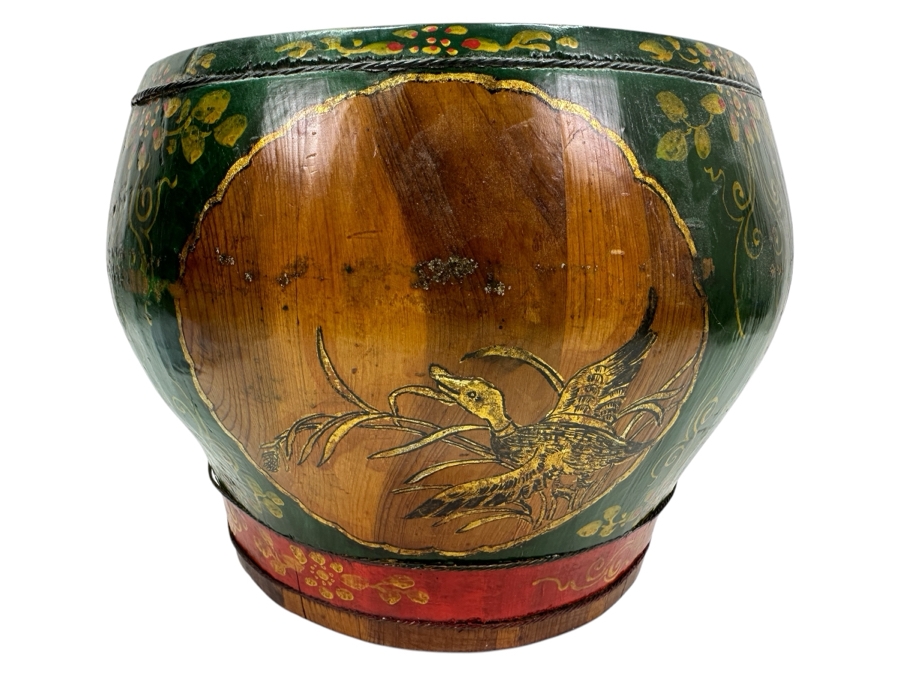 UPDATED - Antique Chinese Hand Painted Wooden Rice Barrel With Dragon Painted Top 11W X 8.5H [Photo 1]