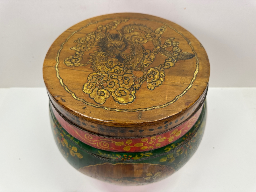 UPDATED - Antique Chinese Hand Painted Wooden Rice Barrel With Dragon Painted Top 11W X 8.5H [Photo 16]