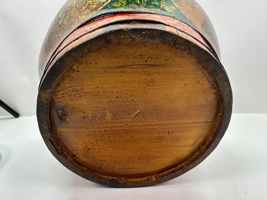 UPDATED - Antique Chinese Hand Painted Wooden Rice Barrel With Dragon Painted Top 11W X 8.5H [Photo 11]