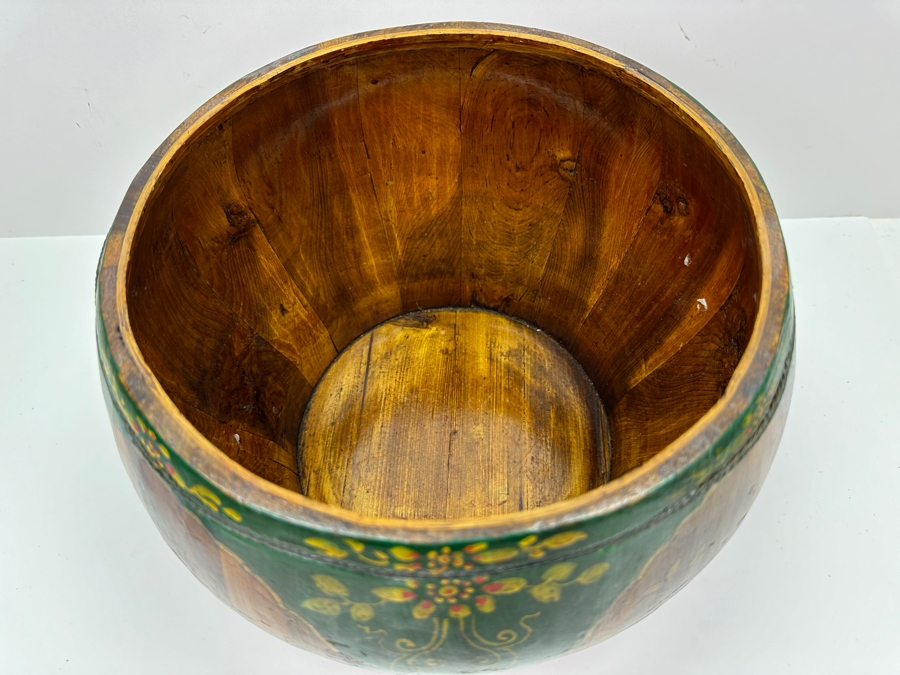 UPDATED - Antique Chinese Hand Painted Wooden Rice Barrel With Dragon Painted Top 11W X 8.5H [Photo 5]