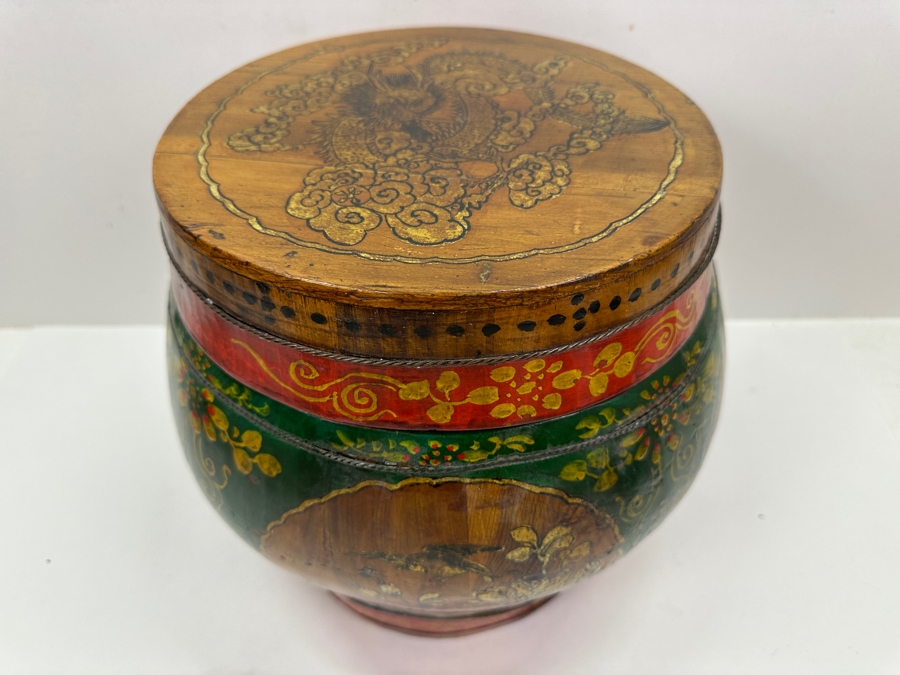 UPDATED - Antique Chinese Hand Painted Wooden Rice Barrel With Dragon Painted Top 11W X 8.5H [Photo 18]
