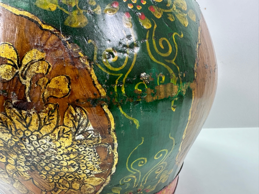 UPDATED - Antique Chinese Hand Painted Wooden Rice Barrel With Dragon Painted Top 11W X 8.5H [Photo 10]