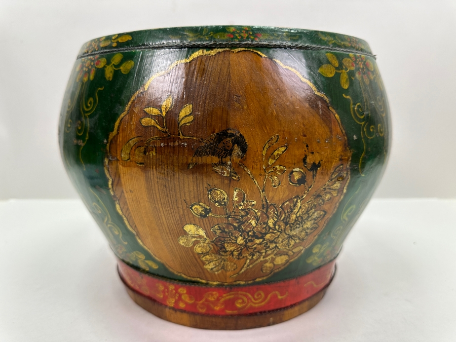 UPDATED - Antique Chinese Hand Painted Wooden Rice Barrel With Dragon Painted Top 11W X 8.5H [Photo 6]
