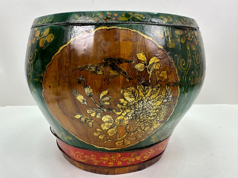 UPDATED - Antique Chinese Hand Painted Wooden Rice Barrel With Dragon Painted Top 11W X 8.5H [Photo 9]