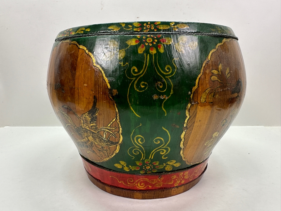 UPDATED - Antique Chinese Hand Painted Wooden Rice Barrel With Dragon Painted Top 11W X 8.5H [Photo 3]