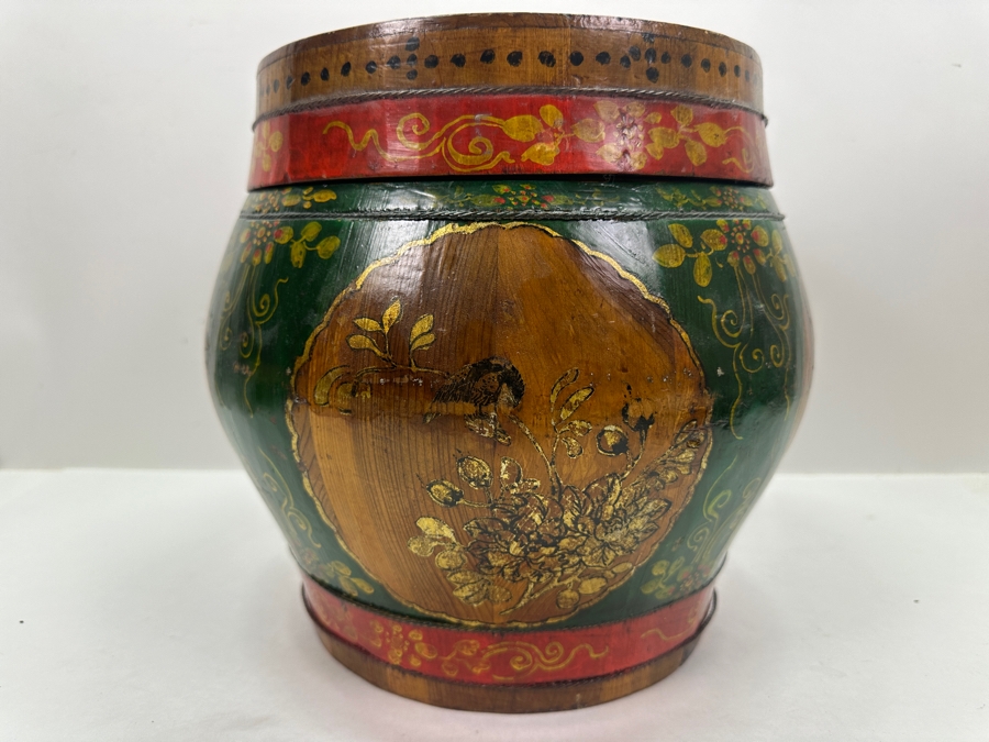 UPDATED - Antique Chinese Hand Painted Wooden Rice Barrel With Dragon Painted Top 11W X 8.5H [Photo 22]