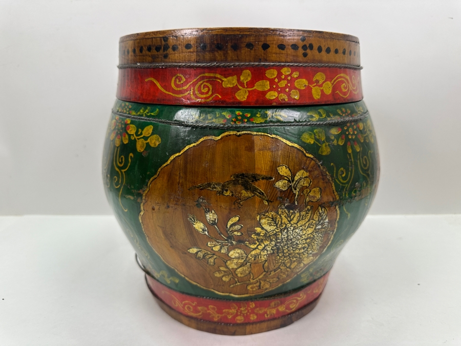 UPDATED - Antique Chinese Hand Painted Wooden Rice Barrel With Dragon Painted Top 11W X 8.5H [Photo 19]