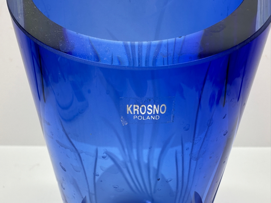 Krosno Poland Etched Blue Crystal Vase 9H [Photo 4]
