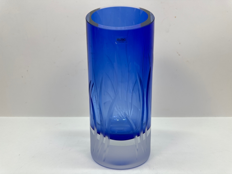 Krosno Poland Etched Blue Crystal Vase 9H [Photo 3]