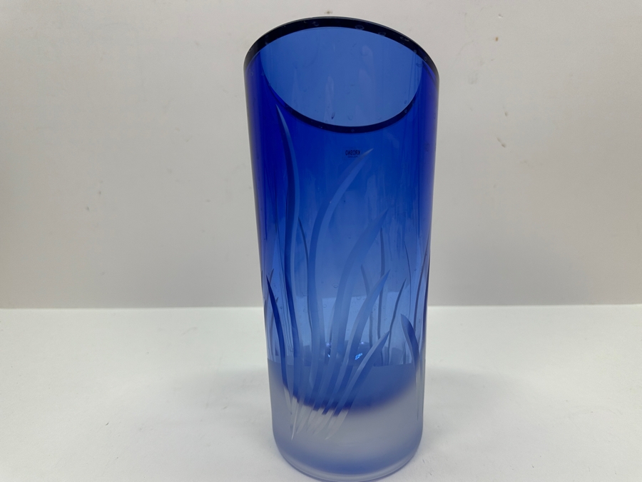 Krosno Poland Etched Blue Crystal Vase 9H [Photo 8]