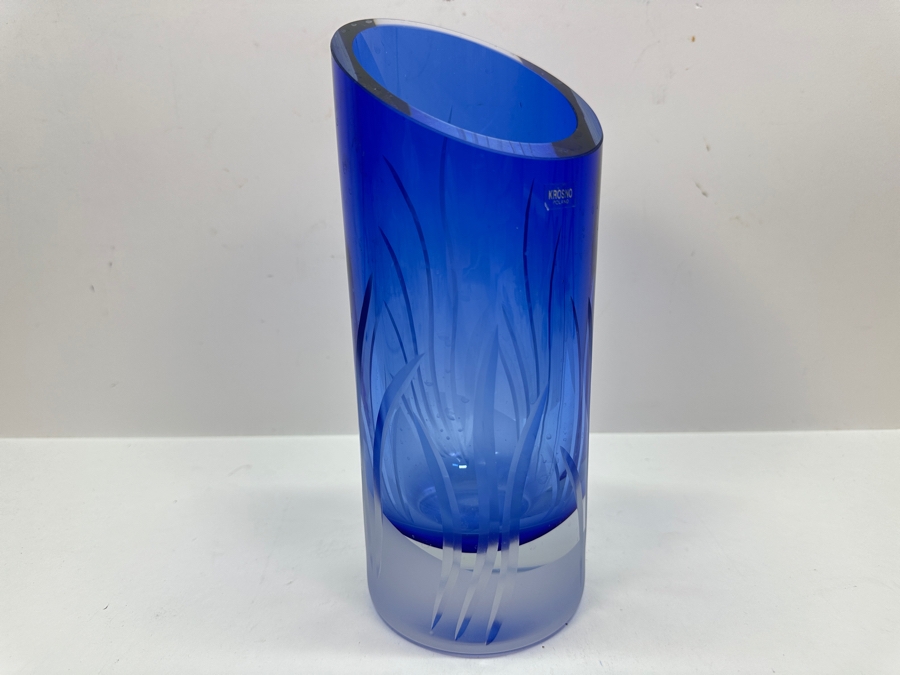 Krosno Poland Etched Blue Crystal Vase 9H [Photo 6]