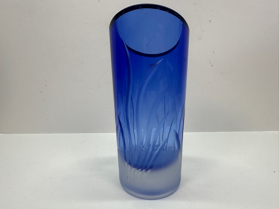 Krosno Poland Etched Blue Crystal Vase 9H [Photo 7]