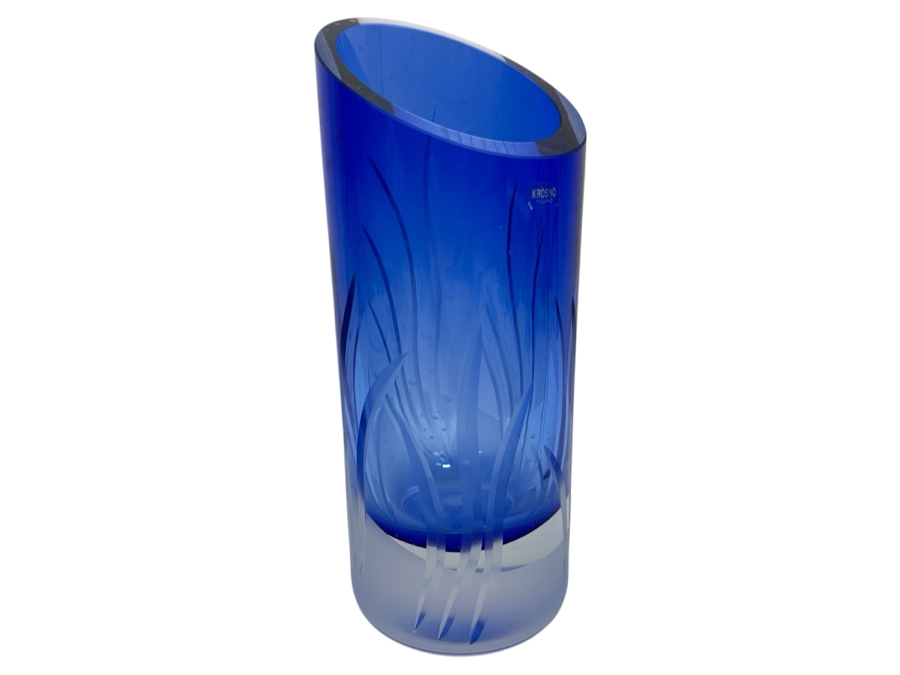 Krosno Poland Etched Blue Crystal Vase 9H