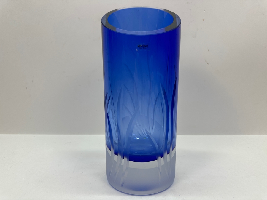 Krosno Poland Etched Blue Crystal Vase 9H [Photo 2]