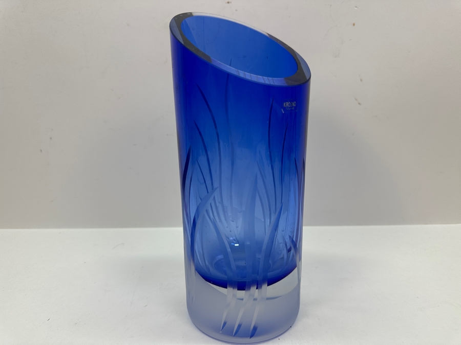Krosno Poland Etched Blue Crystal Vase 9H [Photo 5]