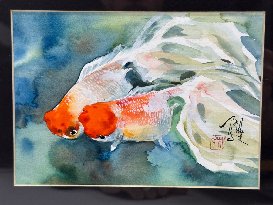 Original Asian Koi Fish Watercolor Painting Artist Signed Lower Right 7 X 5 Framed 13.5 X 12