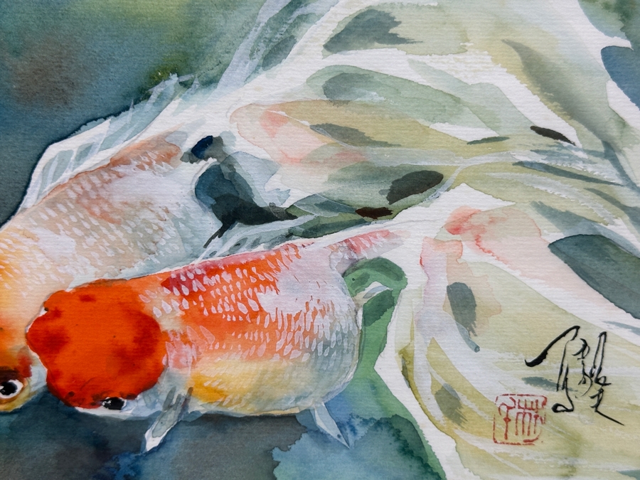 Original Asian Koi Fish Watercolor Painting Artist Signed Lower Right 7 X 5 Framed 13.5 X 12 [Photo 5]