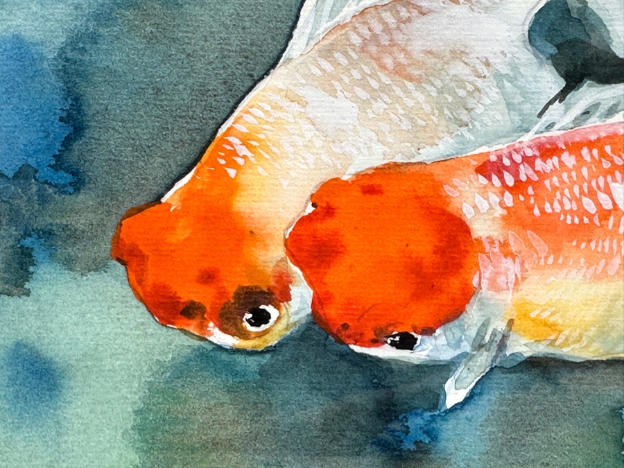 Original Asian Koi Fish Watercolor Painting Artist Signed Lower Right 7 X 5 Framed 13.5 X 12 [Photo 4]
