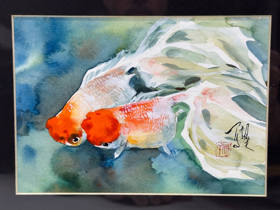 Original Asian Koi Fish Watercolor Painting Artist Signed Lower Right 7 X 5 Framed 13.5 X 12 [Photo 2]