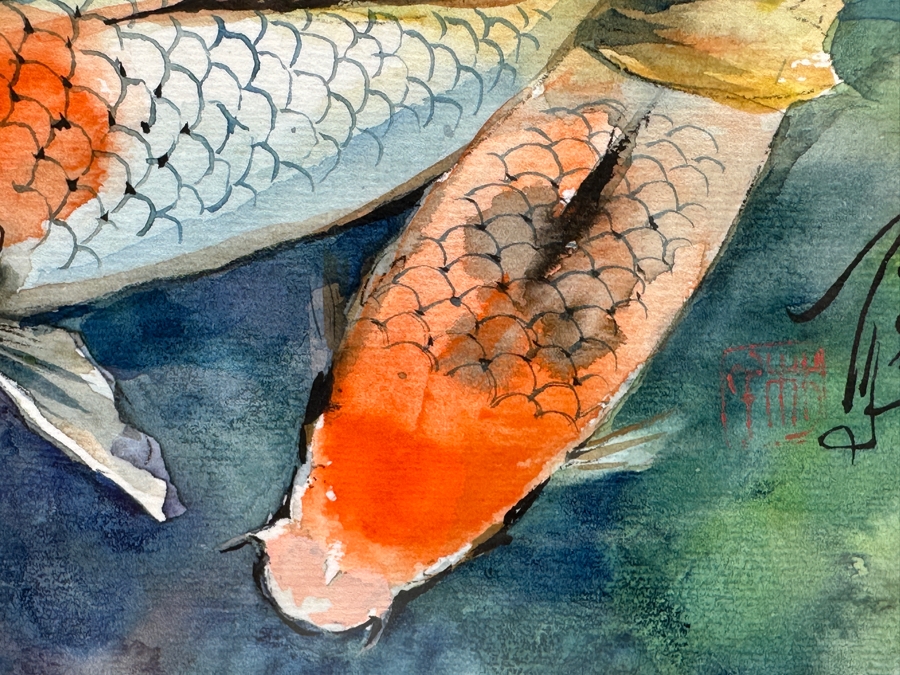 Original Asian Koi Fish Watercolor Painting Artist Signed Lower Right 7 X 5 Framed 13.5 X 12 [Photo 5]