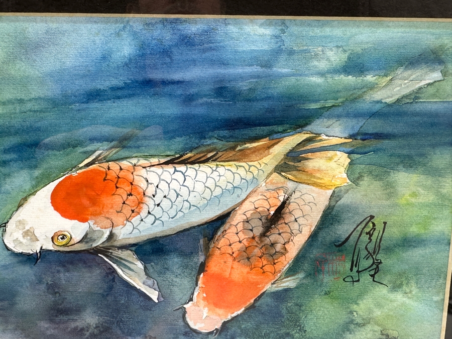 Original Asian Koi Fish Watercolor Painting Artist Signed Lower Right 7 X 5 Framed 13.5 X 12 [Photo 6]