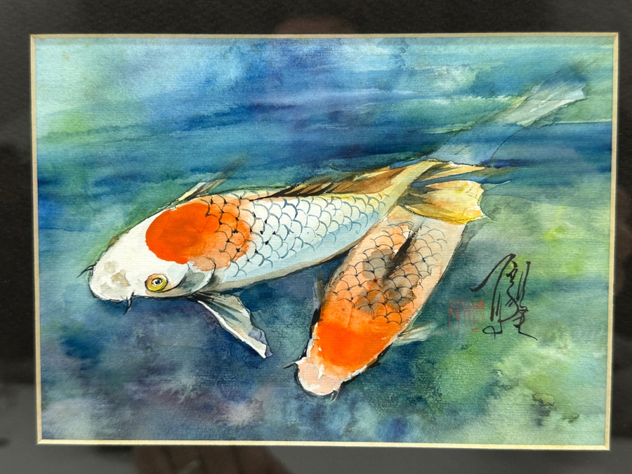 Original Asian Koi Fish Watercolor Painting Artist Signed Lower Right 7 X 5 Framed 13.5 X 12 [Photo 1]
